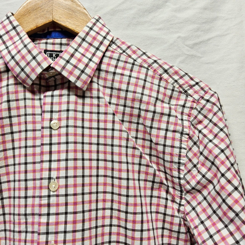 Ike Behar Button Down‎ Shirt Boys 14 White Pink Black Plaid Long Sleeve Cotton